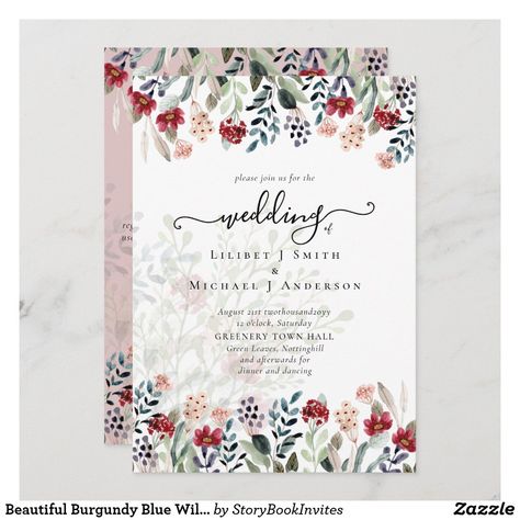 Beautiful Burgundy Blue Wildflowers Wedding Invitation Pink Hotel, Elegant Wedding Stationery, Low Budget Wedding, Wildflower Wedding Invitations, Bird Wedding, Cardinal Birds, Floral Wedding Invitation, Red Cardinal, Wildflower Wedding