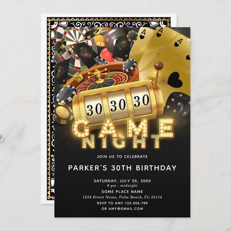 Game Night Birthday Party, Black Gold Invitation, Game Night Party, Night Birthday Party, Game Night Parties, Halloween Birthday Invitations, 21st Birthday Invitations, 60th Birthday Invitations, Mermaid Birthday Invitations