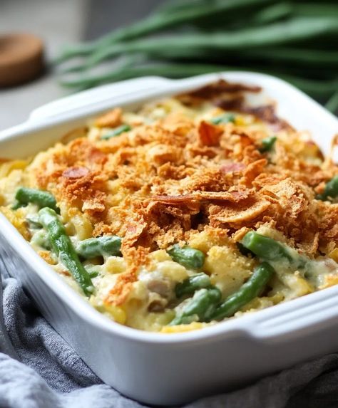 Loaded Green Bean Casserole Recipe - amandarecipes.com Southern Green Bean Casserole Recipes, Loaded Green Bean Casserole, Green Bean Casserole Recipes, Bean Casserole Recipes, Southern Green Beans, Green Bean Casserole Recipe, Holiday Side Dish, Greenbean Casserole Recipe, Steamed Green Beans