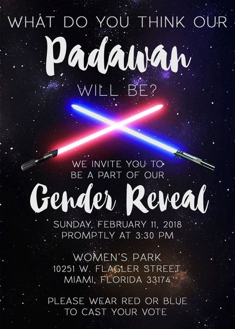 Star Wars Gender Reveal Ideas For Party, Starwars Gender Reveal, Nerdy Gender Reveal, Star Wars Gender Reveal, Invitations Star Wars, Baby Jedi, Themed Gender Reveal, Star Wars Baby Shower, Gender Reveal Themes