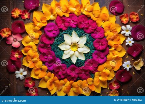 an overhead shot of colorful rangoli made with flower petals, created with generative ai AI generated Rangoli With Flowers Petals, Rangoli With Flowers, Colorful Rangoli, New Rangoli Designs, Flowers Petals, Rangoli Designs, Flower Petals, Stock Images, Flowers