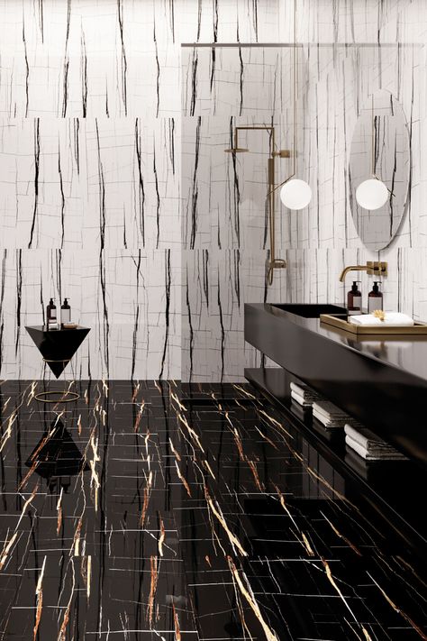 SAHARA NOIR A sleek way to incite more drama and artistic style to any space #decovita #decovitausa #ceramic #art #ceramics #porcelain #interior #interiordesign #decoration #luxe #ceramicart #homedecor #design #tile #home #outerior #tiledesign #shower #contractor #architecture #livingroom #bathroomremodel #interiordesigner #luxury #luxurydesign #timelessinteriors Sahara Noir Bathroom, Interior Tiles, Timeless Interiors, Artistic Style, Art Ceramics, White Tiles, Tile Design, Porcelain Tile, Master Bath