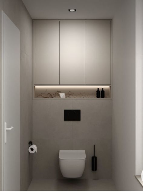 Small Toilet Minimalist, Cupboards Above Toilet, Bathroom Wall Hidden Storage, Luxe Small Bathroom, Cabinet Over Toilet In Water Closet, Closed Toilet In Bathroom, Concealed Bathroom Storage, Toilet With Storage, Bathroom Wall Niche