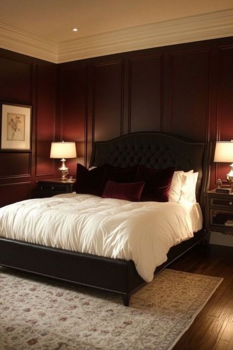 Dark Panelled Bedroom, Maroon Walls Bedroom, Dark Maroon Bedroom, Maroon Wall Bedroom, Maroon Bedroom, Wood Furniture Bedroom Decor, Bedroom Aesthetic Dark, Burgundy Room, Burgundy Bedroom