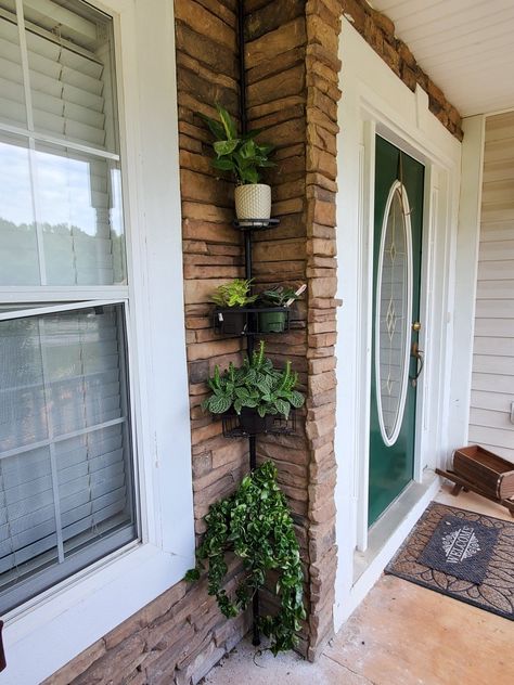 Front Porch Plant Stands, Shower Shelf For Plants, Diy Patio Plant Stand, Plant Stand Bathroom, Shower Caddy Plant Stand, Porch Decorating With Plants, Tension Pole Plant Stand, Apartment Yard Ideas, Shower Caddy Plant Holder