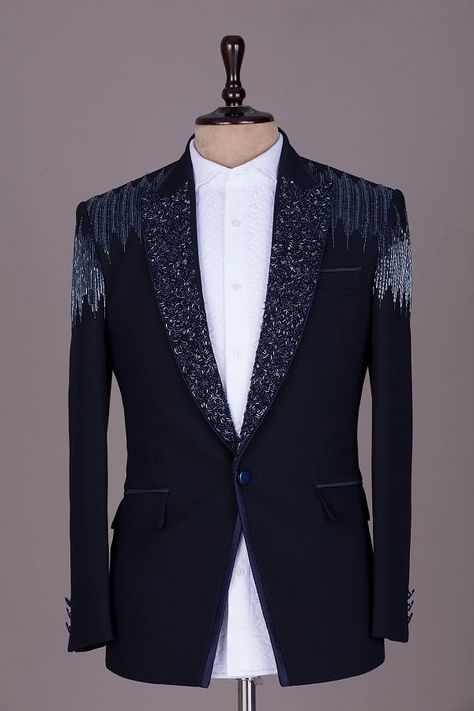 Buy Dark Midnight Blue Cutdana Embroidered Italian Tuxedo Suit Online | Samyakk Sangeet Blazer Men, Black Tuxedo Suit For Men Wedding, Tuxedo Suit Men Wedding Ideas, Blue Suit Men Wedding, Designer Suit For Men, Coat Pant For Men Suits Wedding, Italian Tuxedo, Coat Pant For Men, Jay Bhanushali