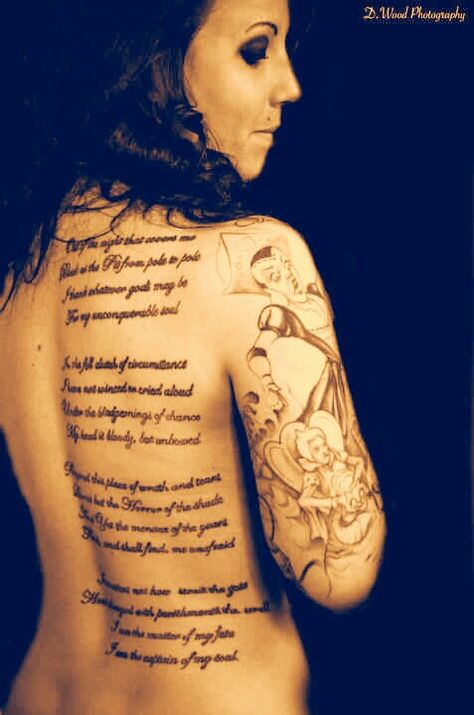 My Invictus Back poem, Alice in Wonderland Half Sleeve Invictus Poem Tattoo, Invictus Tattoo, Invictus Poem, Poem Tattoo, Dragonfly Tattoo Design, Dragonfly Tattoo, Tat Ideas, Half Sleeve Tattoo, Back Tattoos