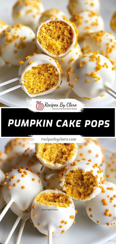 Create these Halloween Pumpkin Cake Pops, combining a moist pumpkin spice cake with a creamy frosting and a candy melt coating. Fun to make and even more fun to eat! Ingredients: 1/4 teaspoon ground nutmeg 1/4 teaspoon ground cloves Orange candy melts Green candy melts These cake pops are not only tasty but also visually appealing, making them the perfect treat for spooky season parties. Thanksgiving Cake Pops, Easy Pumpkin Cake, Fall Cake Pops, Pumpkin Shaped Cake, Frozen Cake Pops, Pumpkin Cake Mix, Autumn Gathering, Pumpkin Cake Easy, Halloween Pumpkin Cake