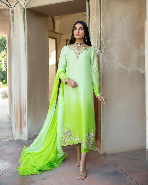 Ombre Combinations Colour, Colorful Suit, Embellished Fabric, Suit Ideas, Punjabi Outfits, Pakistani Wedding Outfits, Short Pant, Pure Chiffon, Simple Pakistani Dresses