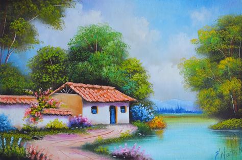 Landscape Photography Beach, Mexican Art Painting, Village Drawing, South American Art, Landscape Art Painting, 수채화 그림, Nature Drawing, Painting Videos, Landscape Canvas