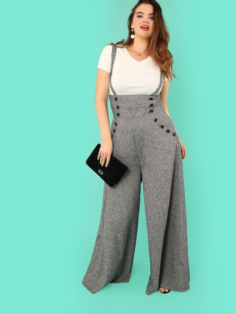 High Waist Button Detail Flare Hem Jumpsuit -SheIn(Sheinside) Shein Romper Jumpsuits, Plus Size Jumpsuit Formal Shein, High-waist Denim Jumpsuit In Medium Wash With Buttons, Cheap High-waist Overalls With Button Closure, Cheap High-waist Denim Jumpsuits And Rompers, High Waist Jumpsuit, Office Pants, Grey Jumpsuit, Loose Jumpsuit