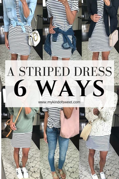 Outfit Remix: A Striped Dress 6 Ways | my kind of sweet | outfit ideas | women's fashion | style | spring style | stripes | shein | workwear | athleisure | mom style | summer style #fashion #style Athleisure Mom, Striped Dress Outfit, Mom Style Summer, Casual Work Wear, Glam Outfit, Style Spring, Fashion Night, Spring Style, Style Summer