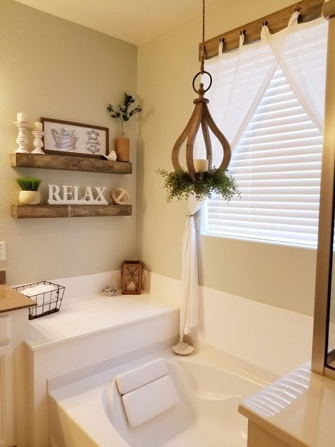 Master Bath Tub Decor, Relaxing Bathroom, Bathtub Decor, Farmhouse Curtains, Diy Bathroom Remodel, Farmhouse Bathroom Decor, Bathroom Design Decor, Bathroom Spa, Bathroom Update