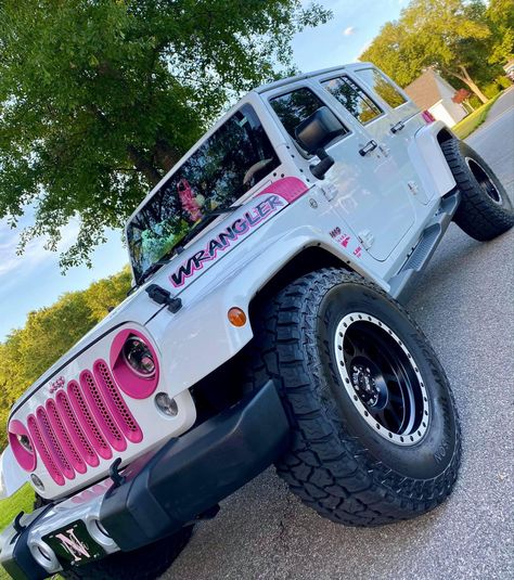 White Jeep Pink Accents, Jeep Color Ideas, White And Pink Jeep, White Jeep With Pink Accents, Pink Chevy Trucks, Gmc Truck Accessories, Silver Jeep, Jeep Sport, Car Interior Diy