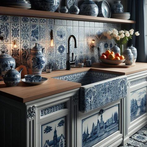 Delft Blue Kitchen Ideas, Dutch Blue Kitchen, Dutch Decor Interiors, Delft Kitchen, Greek Kitchen, Kitchen Floating Shelves, Lake House Kitchen, House Interior Design Styles, Blue White Decor