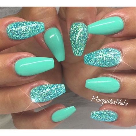 glittery-turquoise Mint Green Nails, Teal Nails, Coffin Shape Nails, Acrylic Coffin, Ideas Nails, Acrylic Nails Coffin, Coffin Nails Designs, Cute Nail Designs, Fancy Nails