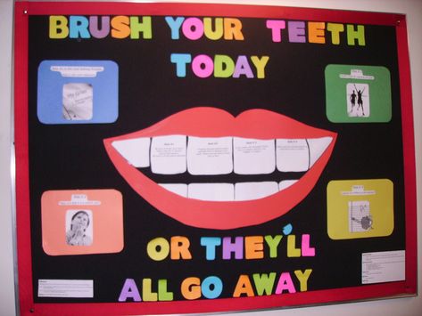 Bulletin Board created for a kindergarten classroom. This picture displays a nice size smile with attractive, colorful letters. This help the students learn the importance of brushing their teeth. School Nurse Elementary, Nurse Bulletin Board, School Nurse Office Decorations, Health Bulletin Boards, Office Bulletin Boards, Science Bulletin Boards, Kindergarten Pictures, School Nurse Office, Work Bulletin Boards