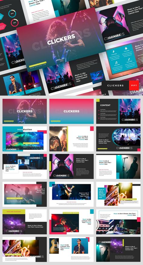 Music Band PowerPoint Design. 36 Slides Powerpoint Designs, Deck Inspiration, Design For Music, Website Slider, Leaflet Template, Ppt Template Design, Brochure Design Layout, Modern Presentation, Company Presentation