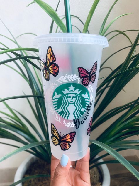 Starbucks Cup Design, Personalized Starbucks Cup, Cup Wraps, Clear Cups, Custom Starbucks Cup, Holiday Cups, Butterfly Decor, Monarch Butterflies, Welcome To My Page