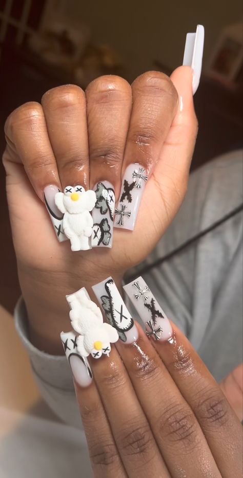 Kaws Nails With Charms, Kaws Nails Design With Charms, Kaws Nail Ideas, Kaws Acrylic Nails, Jawline Snaps, Kaw Nails, Raw Nails, White Tip Acrylic Nails, Bears Nails