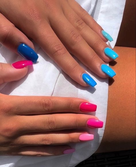 Multi Colored Nails Bright, Summer Nails Block Colour, Ombre Nails Each Nail Different Color, Two Different Colored Nails On Each Hand Blue And Pink, Nail Ideas Different Colors On Each Hand, Diff Color Nails On Each Hand, Multi Colored Nails Summer Bright, Round Nails Solid Color, Fun Solid Color Nails