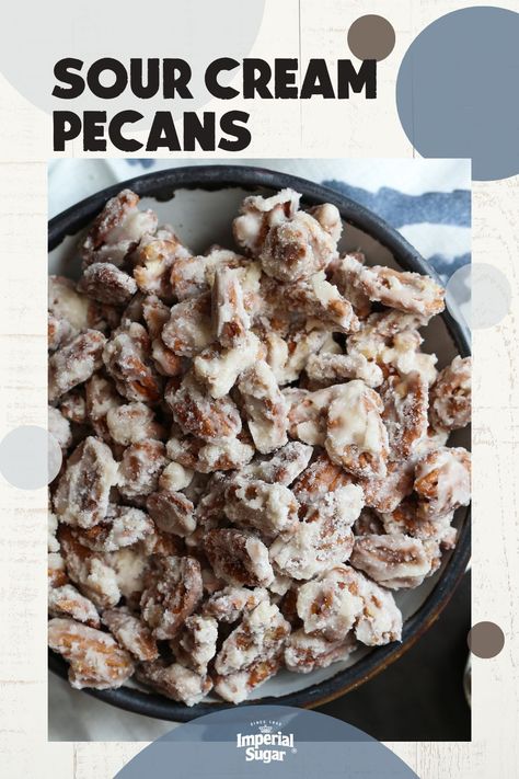 These sweet, glazed pecans are a lot like a pecan praline, but made with sour cream to give them a white candy coating and a hint of tanginess. Enjoy these Sour Cream Pecans as a snack, on a salad, or as an amazing hostess gift. For more gift food recipes and ideas visit ImperialSugar.com and pin your favorites! Made this recipe? Show us! #imperialsugar #giftfoods #holidaybaking #snackideas Sugar Coated Pecans, Glazed Pecans, Pecan Praline, Chocolate Peanut Butter Fudge, Peanut Butter Pumpkin, Sour Cream Recipes, Cream Candy, Pecan Recipes, Sugar Free Syrup