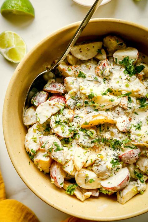 Spicy Roasted Poblano Potato Salad with Cilantro Lime Garlic Mayo - Crave-Worthy Spicy Potato Salad, Apple Coleslaw, Poblano Pepper, Roasted Poblano, Classic Potato Salad, Garlic Mayo, Cilantro Lime Dressing, Lime Dressing, Cabbage Salad