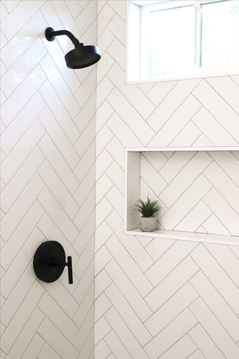 Black Hexagon Floor, Herringbone Subway Tile, Kohler Shower, Small Full Bathroom, Hexagon Floor, Subway Tile Showers, Full Bathroom Remodel, Bilik Air, Farmhouse Tile