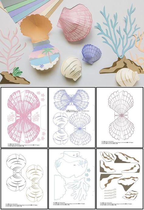 3D Shells Beach-Themed Summer Papercraft - by Kathy Beymer <br>via Astrobrights Seashell Paper Crafts, Beach Paper Craft, 3d Printable Paper Crafts, Paper Shells, Beach Themed Crafts, Shells Beach, Shell Craft, Shells Diy, Papercraft Printable