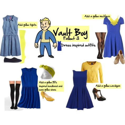 "Vault Boy-Fallout 3" by ladyinthecorner on Polyvore Wasteland Party, Vault Boy Fallout, Yellow Tights, Fallout Cosplay, How To Blog, Nerd Fashion, Video Game Cosplay, Character Inspired Outfits, Fallout 3