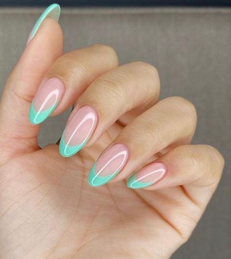 Almond Nails Teal French Tip, Almond Nails Aqua, Teal Almond French Tip Nails, Teal Green French Tip Nails, Turquoise French Tip Nails Almond, Tiffany Blue Almond Nails, Aqua Tip Nails, Spring French Tip Nails Almond, Nail Into Almond