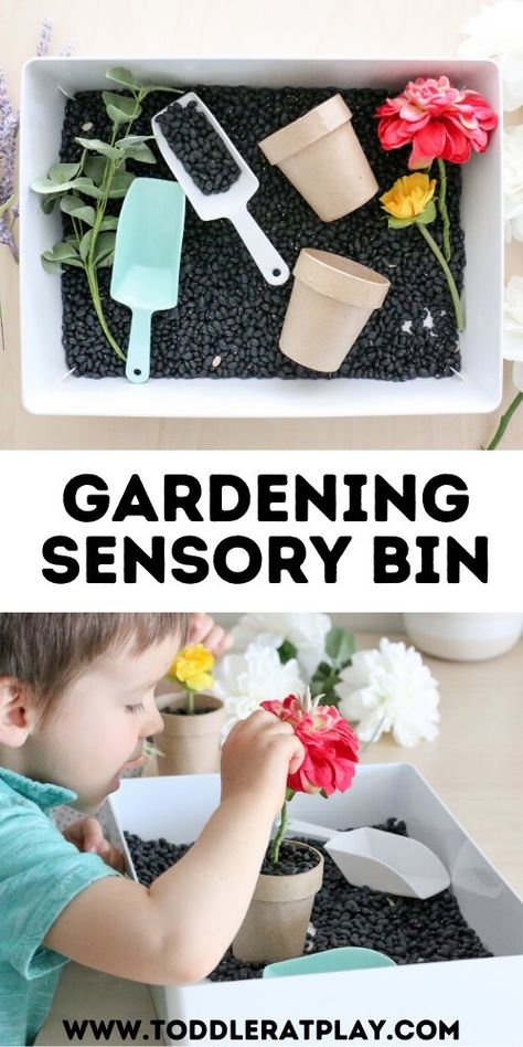 Gardening Sensory Bin - Toddler at Play Gardening Sensory Table, Garden Sensory Table, Gardening Activities For Toddlers, Garden Activities For Toddlers, Toddler Classroom Set Up, Sensory Table Ideas For Preschool, Gardening Sensory Bin, Easy Sensory Bins, Summer Sensory Activities