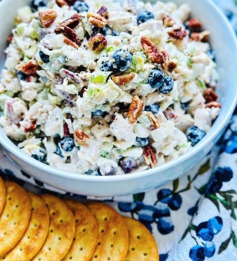 Blueberry-Pecan Chicken Salad | Chef Jen Summer Blueberry Salad, Blueberry Chicken Sandwich, Chicken Salad With Blueberries, Berry Chicken Salad, Chicken Blueberry Salad, Chicken Salad With Fruit, Blueberry Salad Recipes, Cold Chicken Salads, Blueberry Chicken