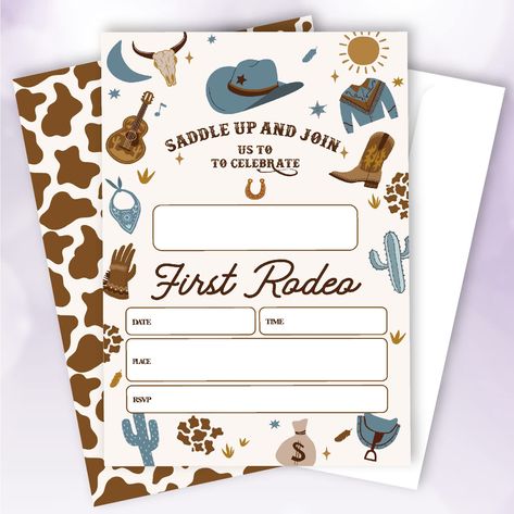 PRICES MAY VARY. Unforgettable Invitations: Each invitation has a colorful, vibrant design printed on both sides for a great first impression. Complete Party Pack: Includes 20 invitations with envelopes, each 4 x 6 inches for easy writing and addressing. Cute and Inviting Design: Features a fun cowboy pattern with horizontal lines and ample space for your party details. Versatile Party Theme: Perfect for birthday parties, baby showers, bounce house events, and more to make your party unforgettab 1st Rodeo Birthday Party, West Boy, Cowboy Party Invitations, Rodeo Birthday Party, Trampoline Party, Jump Party, Rodeo Birthday Parties, Rodeo Party, Rodeo Birthday