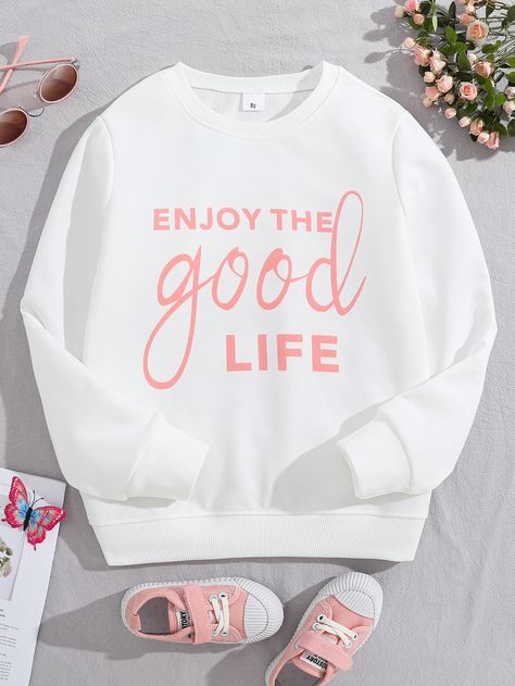 White Casual Collar Long Sleeve Fabric Slogan Pullovers Embellished Medium Stretch  Girls Clothing Gucci Makeup, Girls Sweatshirts, Girls Sweatshirt, Girl Sweatshirts, Sweatshirt Designs, White Casual, Girls Clothing, Sweatshirt Fashion, Baby Onesies