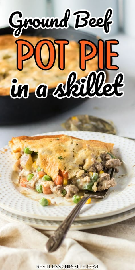 Easy ground beef pot pie is full of beef and mixed vegetables bathed in a rich, creamy sauce. Buttery refrigerated crescent roll dough is baked on top for a family dinner they'll love. Best of all, it's cooked and baked right in your favorite cast iron skillet for easy clean up. Beef Pot Pies Recipes, Crescent Pot Pie, Beef Pot Pie Casserole, Crescent Roll Recipes With Ground Beef, Beef Pot Pie With Biscuits On Top, Ground Beef Pie Crust Recipes, Beef Pot Pie Recipe Easy, Ground Beef Pies Recipes, Beef Pot Pie Soup