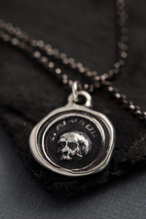 Antique Wax, Unique Gifts For Him, Printed Jewelry, Coin Ring, Skull Necklace, Silver Gifts, Memento Mori, Wax Seal, Minimalist Necklace