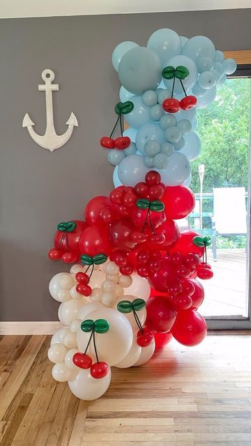 JAELA’S  CREATION on Instagram: "Love this theme 🍒 and so did my client for her pool party. I created this garland to go.   10ft garland-$200   #balloons #party #birthday #cherry🍒 #eventplanner #balloondecor #babyshower #poolparty #balloongarland #fun #cherryontop #balloon #balloonarch #birthdayparty #balloonart #newyork #happy #celebration #cake #wedding #decor #flowers #nyc #events #art #birthdaygirl #longisland #family #cherryballoon #partyplanner" Red Gender Reveal Party, Cherry Gender Reveal, Cherry Balloon Garland, Cherry Bday Theme, Cherry Birthday Theme, Cherry First Birthday Party, Cherry Party Decorations, Cherry Balloons, Cherry Themed Party