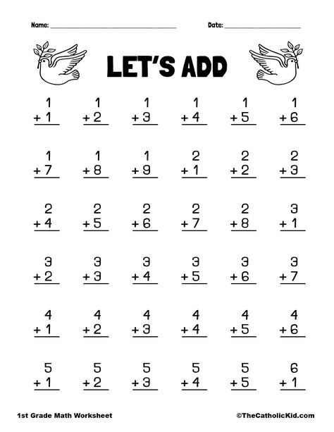 Let's Add - 1st Grade Math Worksheet Catholic Dove Themed Minute Math Worksheets 1st Grade, Spanish 1st Grade Worksheets, First Grade Math Worksheets Free Fun, Math Pages For 2nd Graders, 1st Grade Spelling Worksheets, First Grade Practice Sheets, Maths Test Paper For Grade 1, 1st Grade Test Worksheets, Grade 1 Worksheets Math