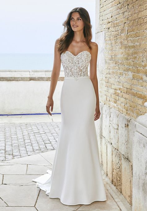 Strapless Wedding Dress With Overskirt, Plain Fitted Wedding Dress, Plain Strapless Wedding Dress, Plain Elegant Wedding Dress, Satin Sweetheart Wedding Dress, Fit And Flare Wedding Dress Strapless, Beaded Fit And Flare Wedding Dress, Strapless Fit And Flare Wedding Dress, Lace Top Wedding Dress