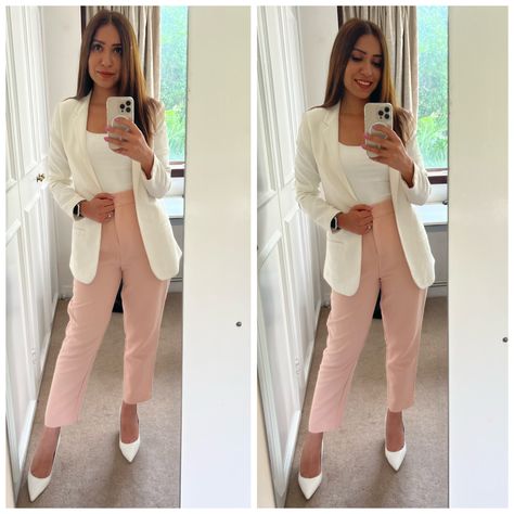 Work outfit white heels white blazer blush pants corporate summer MSB Vision Mehar Sindhu Batra White Blazer Pink Pants, Pink Blazer Outfit, Blazer Pink, Heels White, Outfit White, Pink Blazer, White Heels, Pink Pants, 2024 Fashion