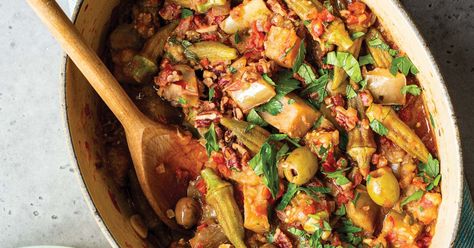 Okra And Eggplant Recipe, Caponata Recipe, Succotash Recipe, Okra And Tomatoes, Okra Recipes, Sicilian Recipes, Fresh Green Beans, Eggplant Recipes, New Cookbooks