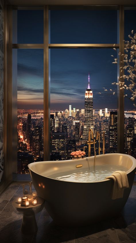 a bathroom with a night view of New York City New York Penthouse Aesthetic, Penthouse Apartment Aesthetic, Apartamento New York, Dream Penthouse, Penthouse Aesthetic, Appartement New York, Penthouse In New York, City Penthouse, Nyc Penthouse