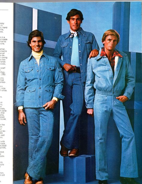 70s Aesthetic Men, Denim Bell Bottoms Outfits, 70s Menswear, 80s Outfit Men, Retro Outfits Men, Denim Ads, 50s Mens Fashion, Jean Jacket Outfits Men, 70s Fashion Men