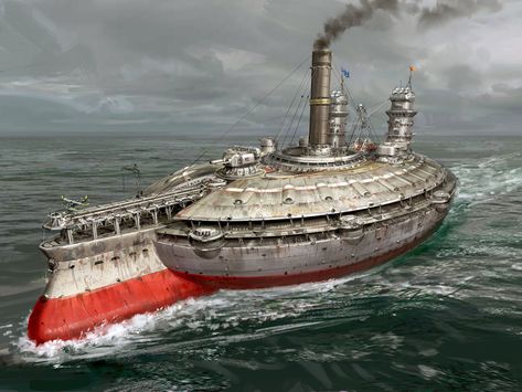 round battle ship, Mark Li on ArtStation at https://www.artstation.com/artwork/k42Gon Dieselpunk Art, Steampunk Wallpaper, Steampunk Kunst, Steampunk Ship, Dieselpunk Vehicles, Velo Vintage, Maritime Art, Alternate History, Steampunk Art