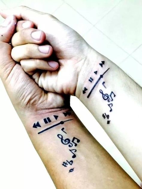 Matching music themed best friends wrist tattoos. Matching Music Tattoos Friends, Music Best Friend Tattoos, Music Couple Tattoos, Best Friend Music Tattoos, Matching Tattoos Music, Matching Music Tattoos, Music Wrist Tattoos, Couple Music, Matching Friends