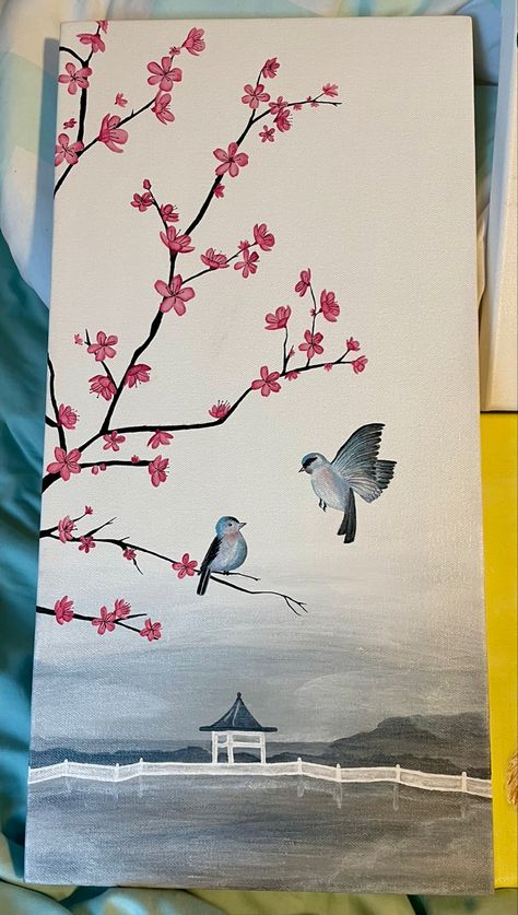 #painting #art #cherry #flowers Easy Cherry Blossom Painting, Easy Paintings Cherry Blossoms, Easy Sakura Painting, Cherry Blossom Tree Painting Easy, Japanese Cherry Blossom Painting Easy, Cherry Tree Painting Easy, Bonsai Tree Painting, Cherry Bonsai, Tree Painting Easy