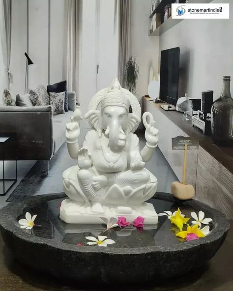 Marble Ganesha Statue With Granite Urli - stonemartindia.com Stone Water Fountain, Fountain For Home, Patio Water Feature, Water Fountain For Home, Outdoor Wall Fountains, Ganpati Ji, Ganesha Statue, Hindu Statues, Stone Fountains