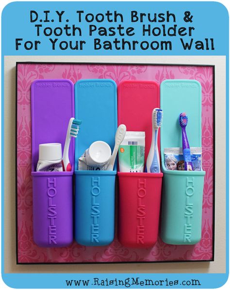 Easy D.I.Y. Hanging Tooth Brush & Tooth Paste Holder! Clear your counters and keep your tooth brushes organized! (Using Holster Brands Holsters) Half Bath Decor Ideas, Diy Toothbrush Holder, Diy Toothbrush, Kids Bathroom Girls, Half Bath Decor, Bathroom Organizing, Tooth Brushes, Toothbrush Organization, Diy Teething