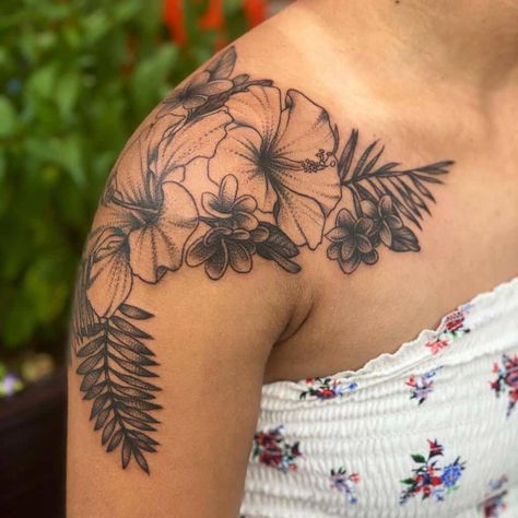 Top 61 Best Hawaiian Flower Tattoo Ideas - [2021 Inspiration Guide] Shoulder Hawaiian Tattoos For Women, Hawaiian Flower Mandala Tattoo, Shoulder Tattoo Hibiscus, Hawaiian Flower Shoulder Tattoo, Hawaii Flowers Tattoo Design, Hula Tattoo Hawaiian, Hawaiian Flower Tattoos On Shoulder, Tropical Flower Shoulder Tattoo, Flower Shoulder Cap Tattoos For Women